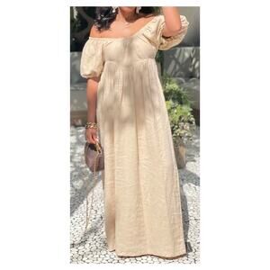Lobo Rosa Tan Linen Long Maxi Off Shoulder Mimi Dress